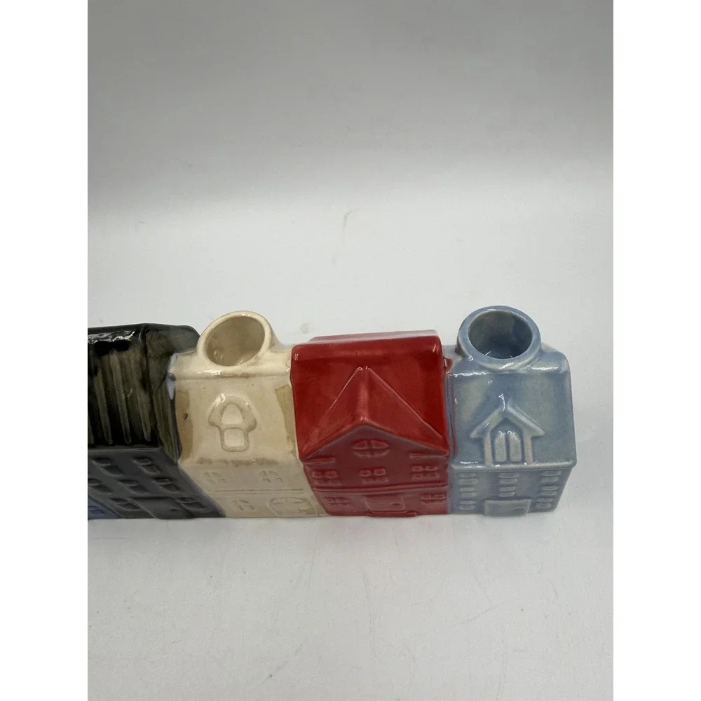 NWT Re White Blue Ceramic Candle Holder Row of Houses 9